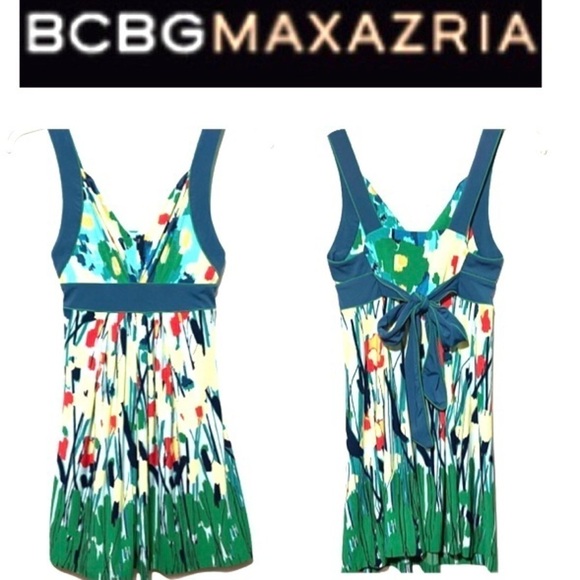 BCBG Max Azria Spring Garden Floral Sun Dress Empire Waist Tie Back - Picture 1 of 9